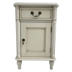  Laura Ashley - 'Clifton' ivory finish pedestal bedside chest, fitted single drawer over cupboard, flanked by split turned uprights