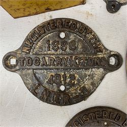Victorian cast iron railway wagon plate, 'To Carry 10 Tons 4012, Registered by LNER-D 1898', together with a similar mid 20th century example, a smaller cast iron LMS wagon plate, Chalwyn signalling lamp, Give Way to Trains enamel sign and an enamel signal sign