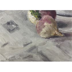 Neil Tyler (British 1945-): Still Life - Turnips and Pan, oil on canvas signed and dated '02, 44cm x 53cm