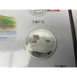 Mostly commemorative coinage, including various Queen Elizabeth II United Kingdom brilliant uncirculated fifty pence, two pound and five pound coins in card folders, The Royal Mint United Kingdom 2012 proof coin set, Alderney 2021 'Royal National Lifeboat Institution' five pound coin cover in Harrington and Byrne folder etc