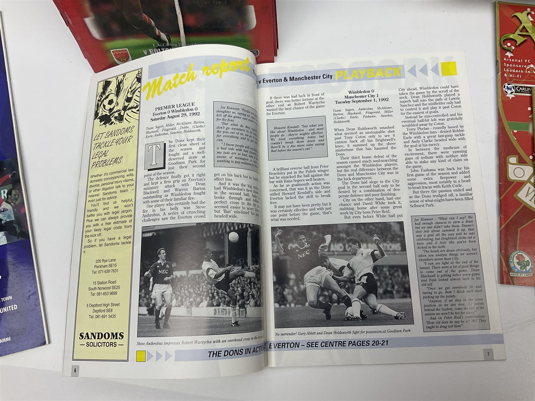 Quantity of mostly football programmes including Wimbledon vs Arsenal Saturday 5th September 1992, Arsenal FC vs Blackburn Rovers Saturday February 26th season 1993/94, Liverpool vs Arsenal Saturday 2nd October 1993, The F.A. Charity Shield Arsenal vs Manchester United 7th August 1993 etc