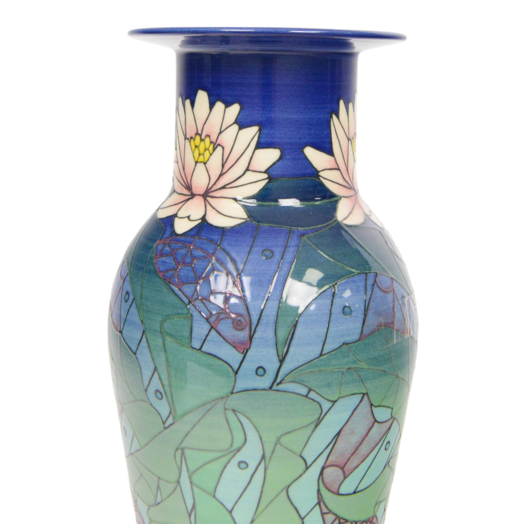 Dennis Chinaworks, Seaweed, sample vase, dated 2004, baluster form with flared rim, decorated with lilies with seaweed and fish upon a blue green ground, painted and stamped marks beneath, H35cm 