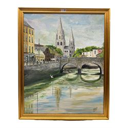 P Holmes (British 20th century): 'St Finbarr's Cathedral' Cork Ireland, oil on canvas signed and dated 1971, labelled verso