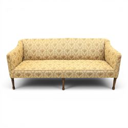 George II mahogany framed settee, beige foliate upholstery with padded sides, downswept ar...
