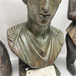 Bronzed bust of Greek man upon a marble base, together with two wooden sculptures 
