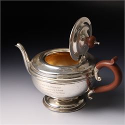 Silver circular teapot with presentation inscription Birmingham 1932 Maker Alexander Clark & Co Ltd 