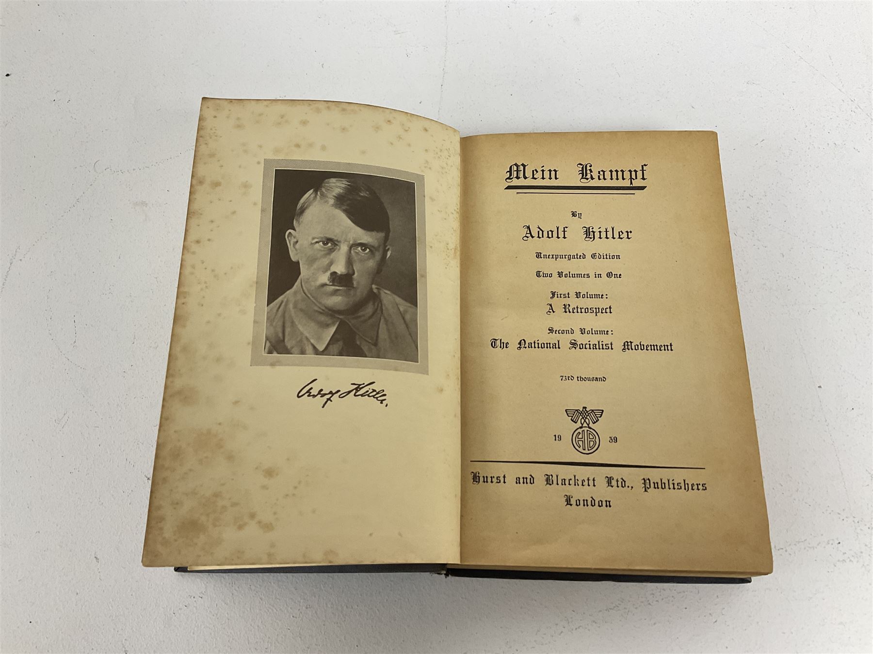 Hitler Adolf: Mein Kampf, Unexpurgated Edition, pub. Hurst and Blackett Ltd, London 1939, two volumes in one.