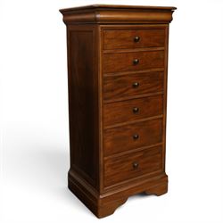 Willis & Gambier - mahogany tall chest, rectangular chamfered top, with frieze drawer with blue baize lining, over six graduating drawers with black pulls, raised on bracket feet