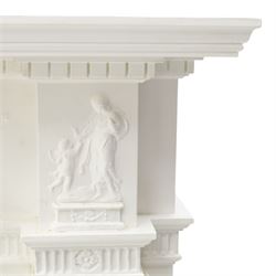 Large Adam's design white painted Neoclassical fire surround, the frieze moulded with goddess and cherubic motifs with bellflower festoons, egg-and-dart moulded inner slip flanked by Ionic capitals on classical columns