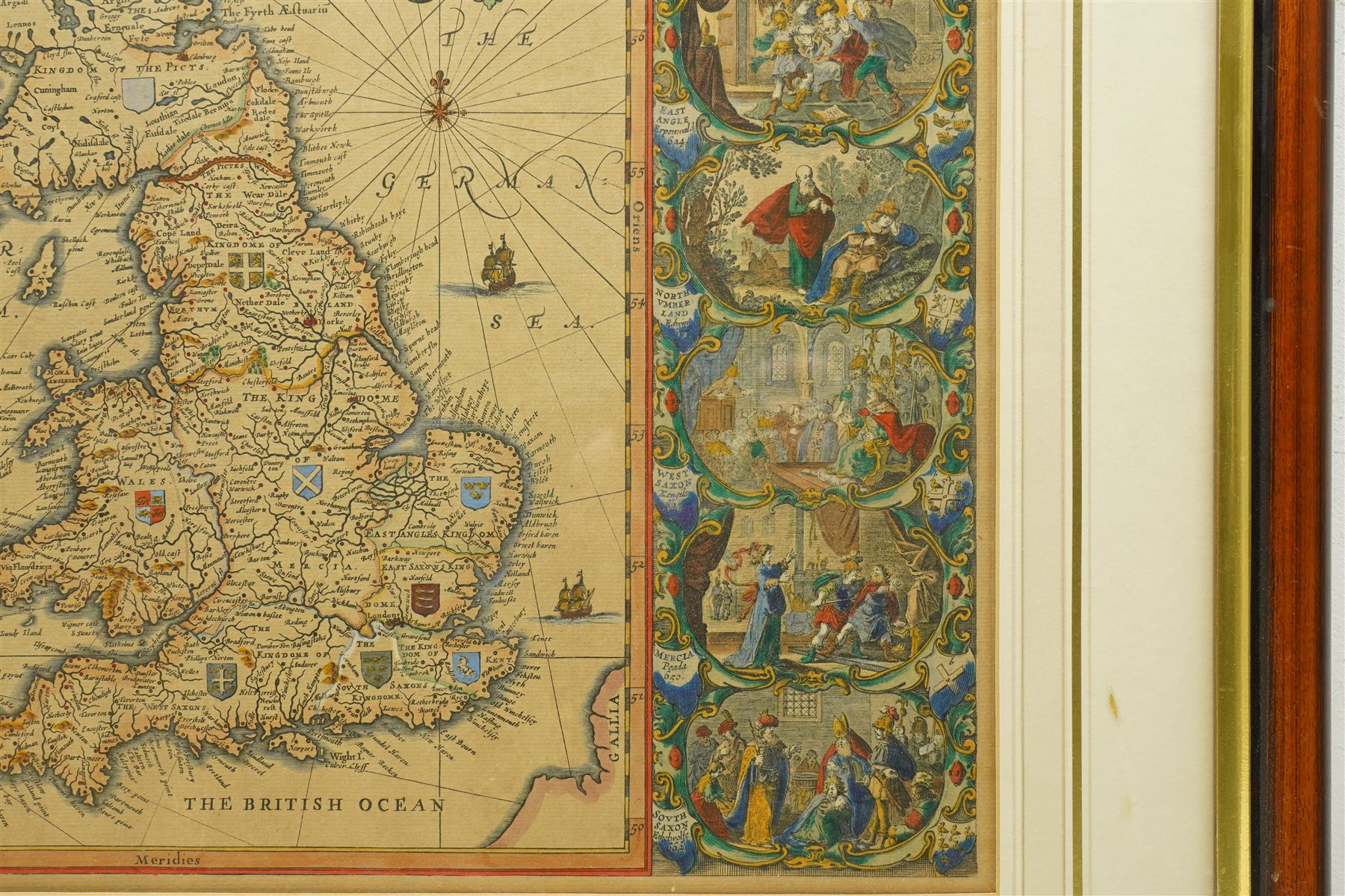 Johannes (Joan) Blaeu (Dutch 1571-1638): 'Britannia Prout Divisa fuit Temporibus Anglo-Saxonum Praesertim Durante Illorum Heptarchia' (Britain as it was Divided During the Anglo-Saxon Times), engraved map of the British Isles with hand-colouring and 14 Dutch style miniature vignettes depicting kings and scenes from Saxon history, later edition 43cm x 54cm