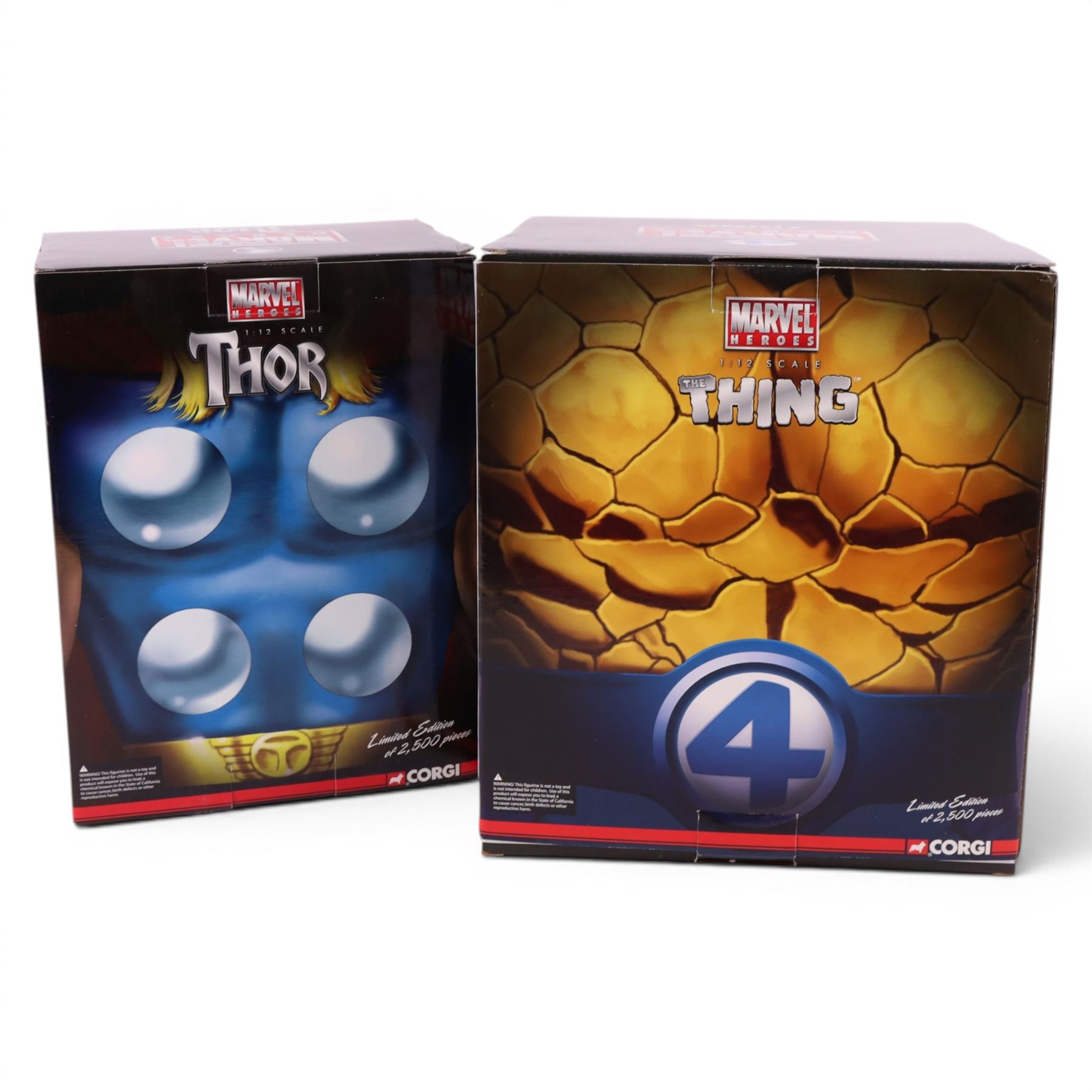 Two limited edition Corgi Marvel Heroes 1:12 scale models, comprising Thor and The Thing, both boxed