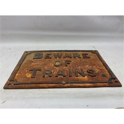 Large cast iron sign 'Beware of Trains', H38cm, L56cm
