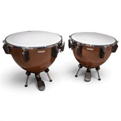 Pair of Adams Universal fibreglass pedal timpani, 29in and 26in, with Remo heads and tunin...
