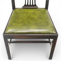 Set of eight Georgian style mahogany dining chairs, comprising six chairs and two carvers, the shaped top rails above pierced vase splats, and green leather upholstered drop in seats, upon square legs united by stretchers