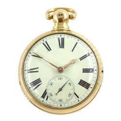 George III 18ct gold pair cased English lever fusee pocket watch by John Bolton, Durham, No. 844, round baluster pillars, engraved balance cock with flower decoration and diamond endstone, stop/work lever, cream enamel dial with Roman numerals and subsidiary seconds dial, case makers mark V&R, Chester 1819