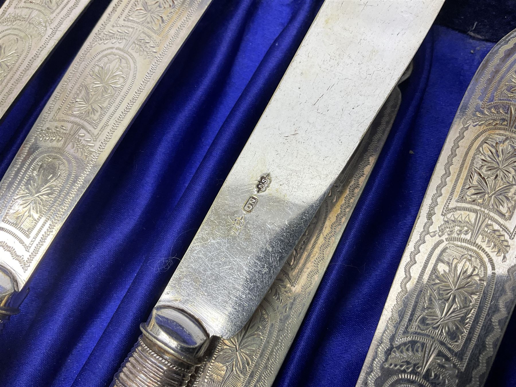 Set of six EPNS fish knives and forks with ivorine handles and hallmarked silver ferrules, boxed, together with a tapering glass decanter with hallmarked silver collar and pair of cut glass salts with hallmarked silver collars, decanter H32cm