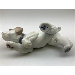 Four Lladro figures, comprising Playing Poodles in matte finish no 11258, Friend for Life 7685, Little Hunter no 6212 and Gentle Surprise no 6210, three with original boxes, largest example H15cm 