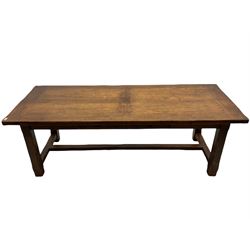 Antix French oak dining table with two leaves, two frieze drawers;, and six ladder back chairs with rush seats
