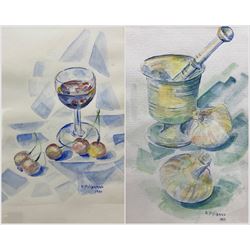 A Stylianou (Cypriot Contemporary): Crushing Garlic and Wine with Cherries, two watercolour still lifes signed and dated 1991, one blind stamped max 31cm x 22cm (2)