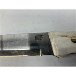 Three hunting knives, each blade marked A. Wright & Sons Sheffield, one with leather handle, one with horn handle and one with antler handle; each with leather sheath (3)