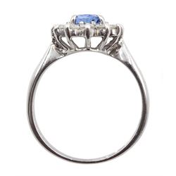 18ct white gold oval sapphire and round brilliant cut diamond cluster ring, Birmingham 2004