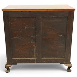 Early 20th century figured walnut chest, rectangular top with burr crossbanding, fitted with two short over three long drawers with brass drop-handles, lower moulded edge over shell-carved cabriole feet