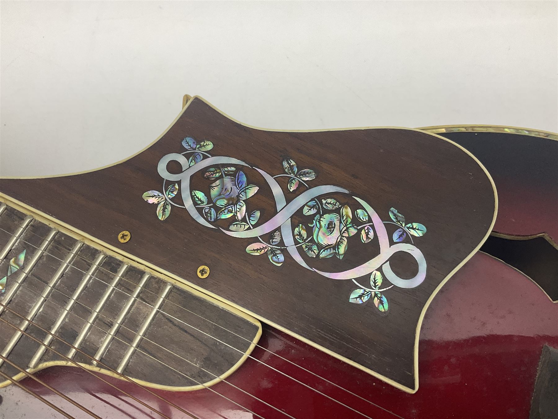 Eastern eight-string mandolin with red sunburst finish and mother-of-pearl inlay of eagles, clouds, trees etc L86cm; in fitted hard carrying case