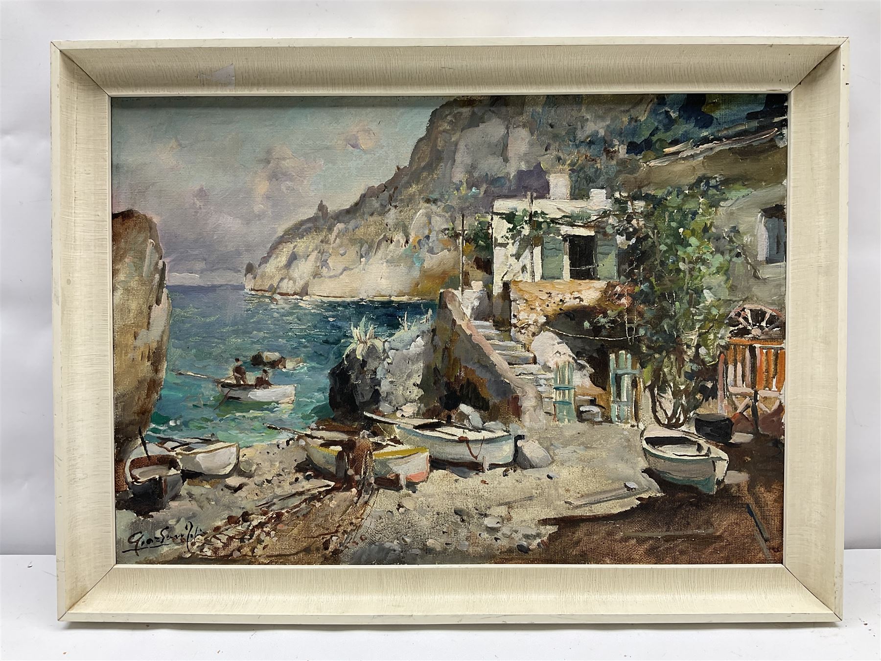 Felice Giordano (Italian 1880-1964): 'Small Harbour in Capri', oil on canvas signed 35cm x 49cm