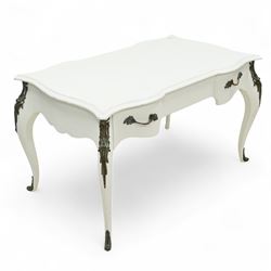 And So To Bed - French design white painted dressing table, serpentine top over two drawers, with decorative mounts and shaped cabriole legs