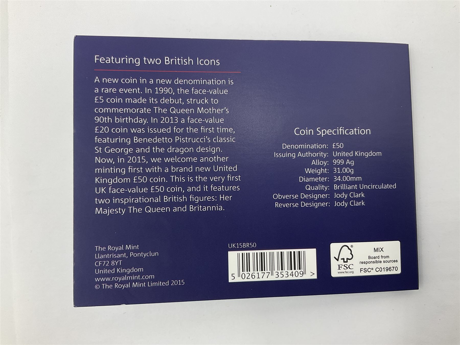 The Royal Mint United Kingdom 2015 fine silver fifty pound Britannia coin, on card