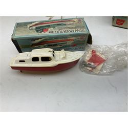 Five model boats - Sutcliffe clockwork Tiger Speedboat; boxed; Motor Sailor battery operated yacht; boxed; Waterline battery operated police launch; boxed; and Tri-ang Scalex 'Aberdeen' North Sea Drifter; boxed, with another similar unboxed (5)