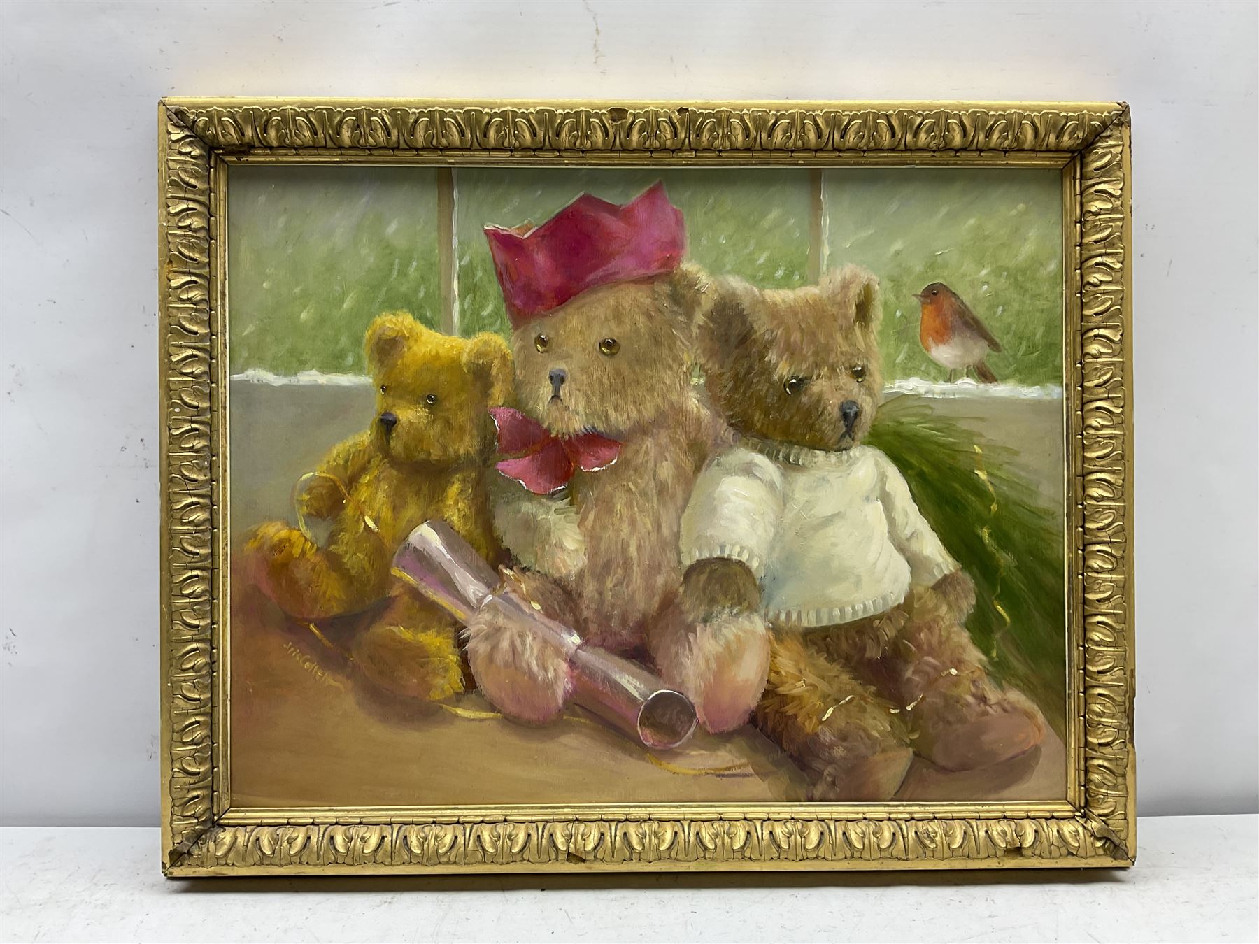 Iris Collett (British 1938-): Christmas Teddy Bears, oil on board signed 44cm x 58cm
Provenance: from the second and final part of the artist's studio sale collection