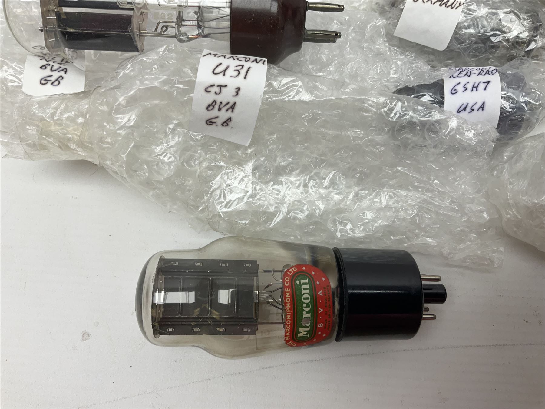 Collection of Cossor, Marconi, Siemens and similar thermionic radio valves/vacuum tubes, including KT32, 43IU, U31, PL504 approximately 21 as per list, unboxed