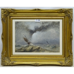 English School (19th century): Fishing Boats in Stormy Seas, watercolour with scratching out unsigned 22cm x 32cm