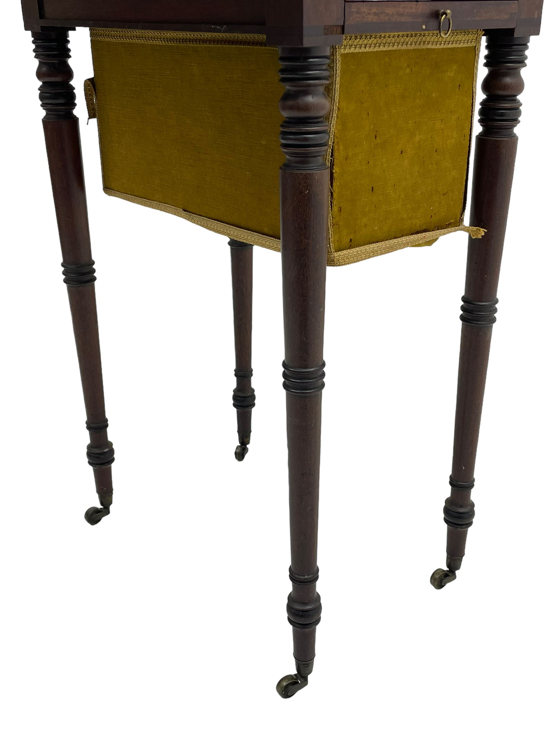 Narrow George III mahogany sewing or work Pembroke table, drop-leaf rectangular top with rounded corners inlaid with ebony stringing, fitted with single full-length cock-beaded drawer and opposing false drawer fascia, turned handles and ivory escutcheons, sliding upholstered storage bag beneath, on ring turned supports with brass cups and castors

This item has been registered for sale under Section 10 of the APHA Ivory Act