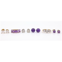  Five stone amethyst gold ring, three stone cubic zirconia gold ring both hallmarked 9ct and four pairs stud ear-rings  