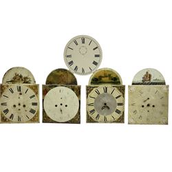 Four 13” painted 19th-century break arch longcase clock dials with one circular 12” American wall clock dial, plus two 11” and one 10” 18th-century brass longcase dials.