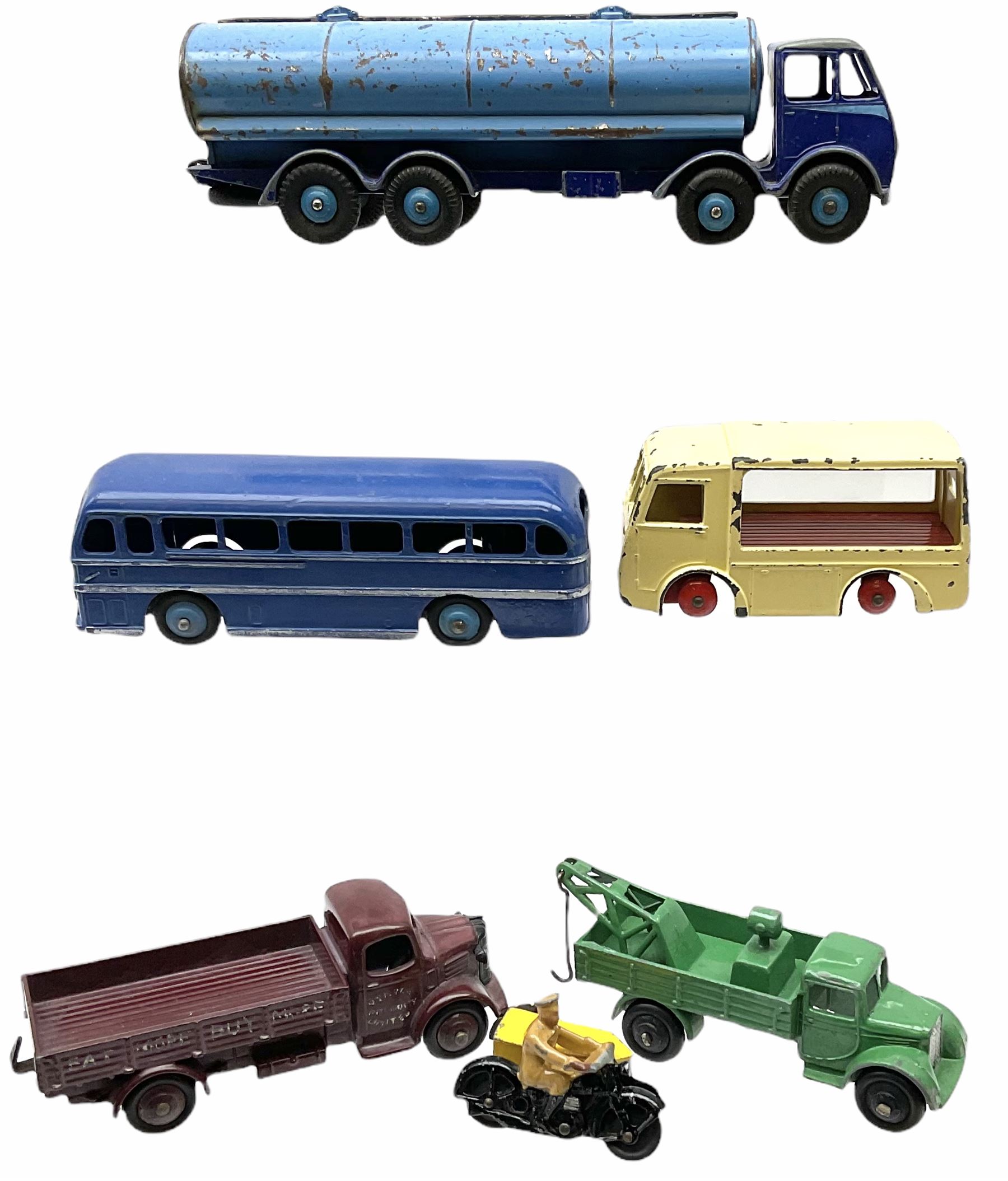 Dinky - six unboxed and playworn die-cast models comprising AA Motorcycle Patrol; Duple Roadmaster Leyland Royal Tiger; Supertoys Foden Tanker; Austin Wagon 'Eat More Buy More'; crane wagon with searchlight; and N.C.B. Electric Van (6)