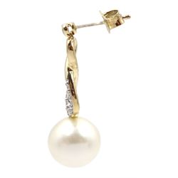 Pair of 9ct gold white cultured pearl and diamond pendant stud earrings, stamped 375