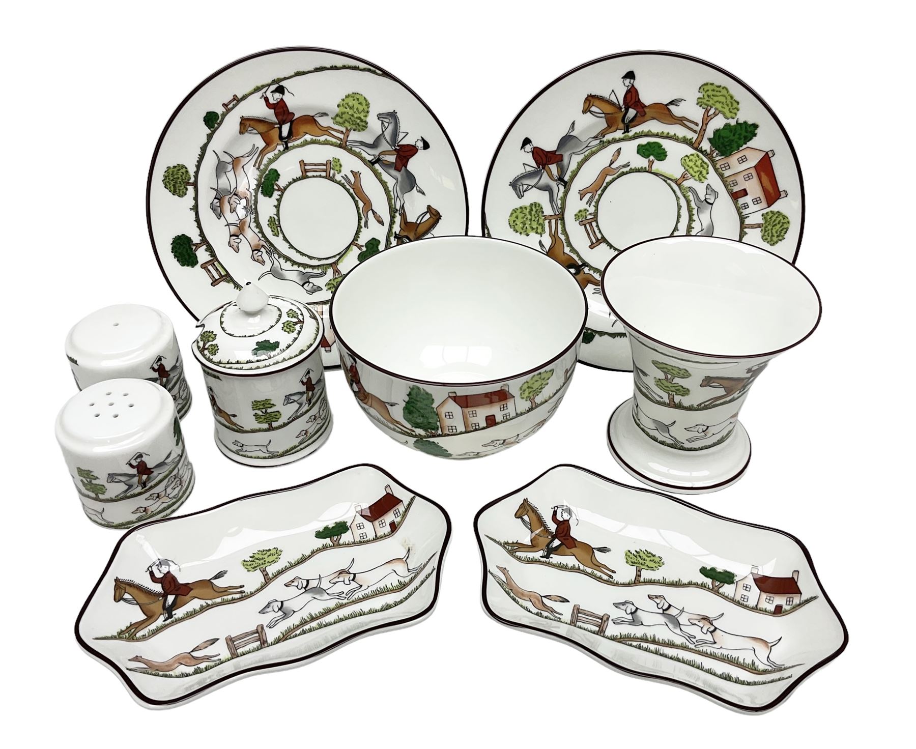 Nine pieces of Coalport and Crown Staffordshire Hunting Scene porcelain including three-piece condiment set, pair of pin dishes, bowl, vase etc