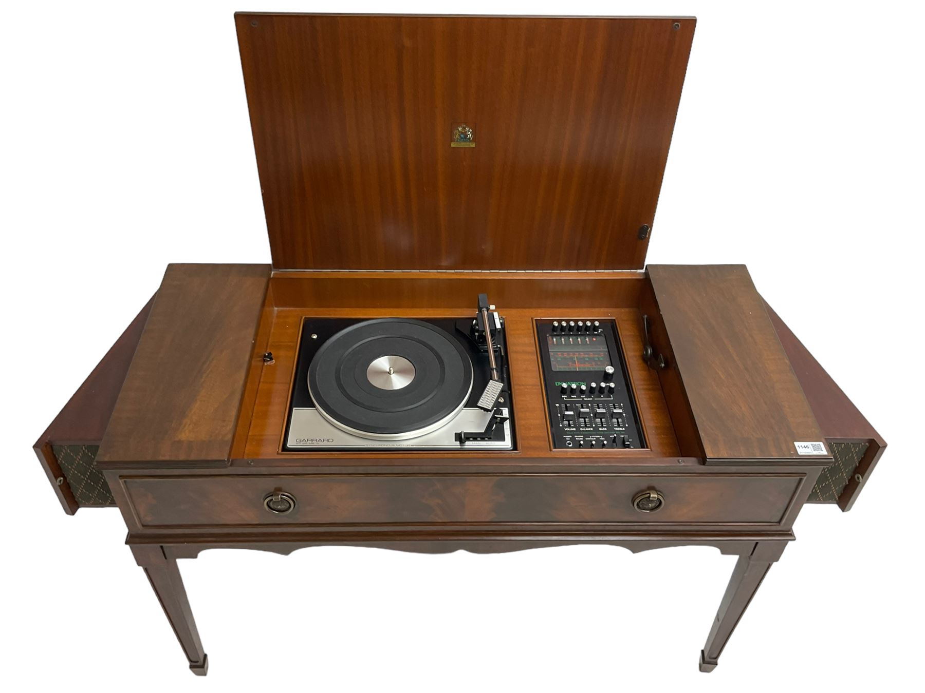 1970s mahogany radiogram with ‘Garrard’ SP25 MK IV turntable and integrated speakers