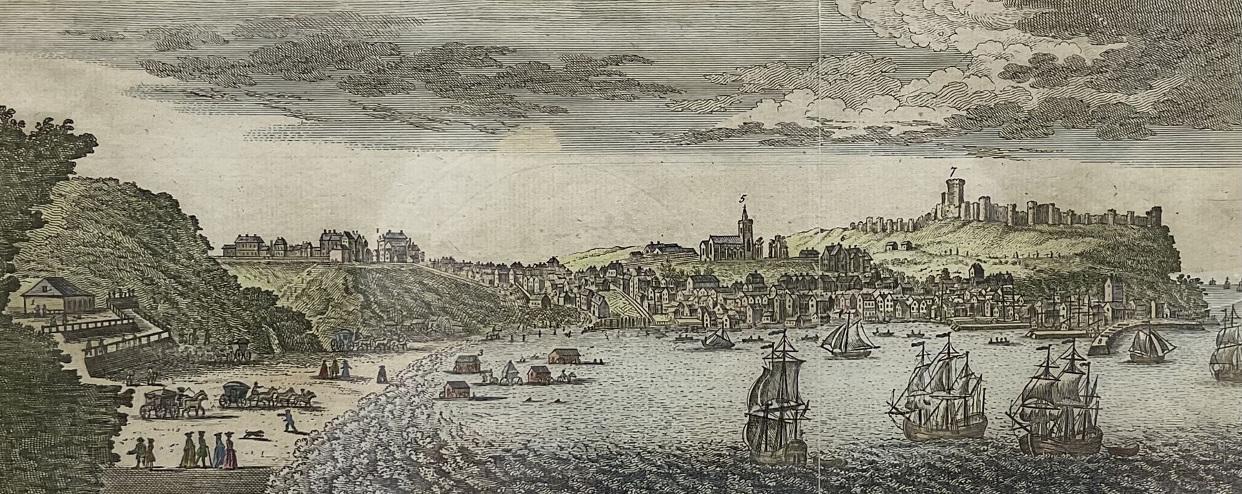Edward Francis Finden (British 1791-1857) after William Westall (British 1781-1850): 'Whitby Yorkshire', engraving with hand-colouring together with after Nathaniel Whittock (British 1791-1860): 'The Museum and New Bridge - Scarborough', engraving with hand colouring and 'A Perspective View of Scarborough', 19th century engraving with hand-colouring max 15cm x 31cm (3)