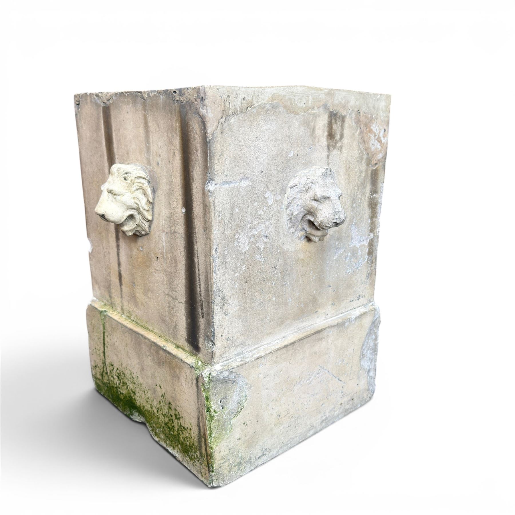 J M Blashfield - pair of 19th century buff terracotta garden urn plinths, square form with stepped base, decorated with relief lion masks