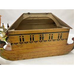 Scratch built wooden Noah's Ark with painted decoration and twenty seven two-dimensional painted wooden figures, including eleven pairs of animals, Ark H25cm, W48cm