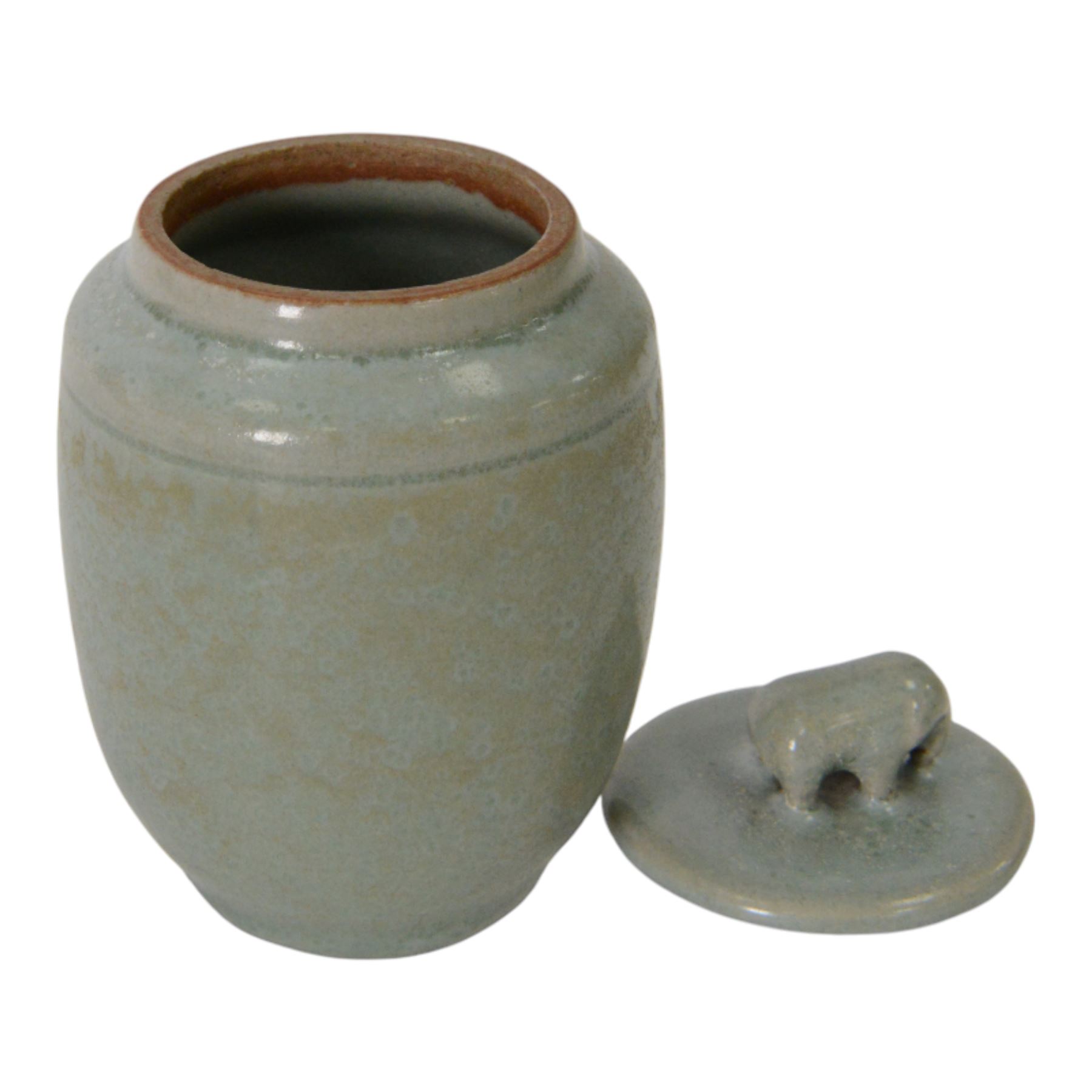 Celadon longquan lidded bowl with lotus decoration, together with another lidded jar with elephant finial, tallest H15cm 