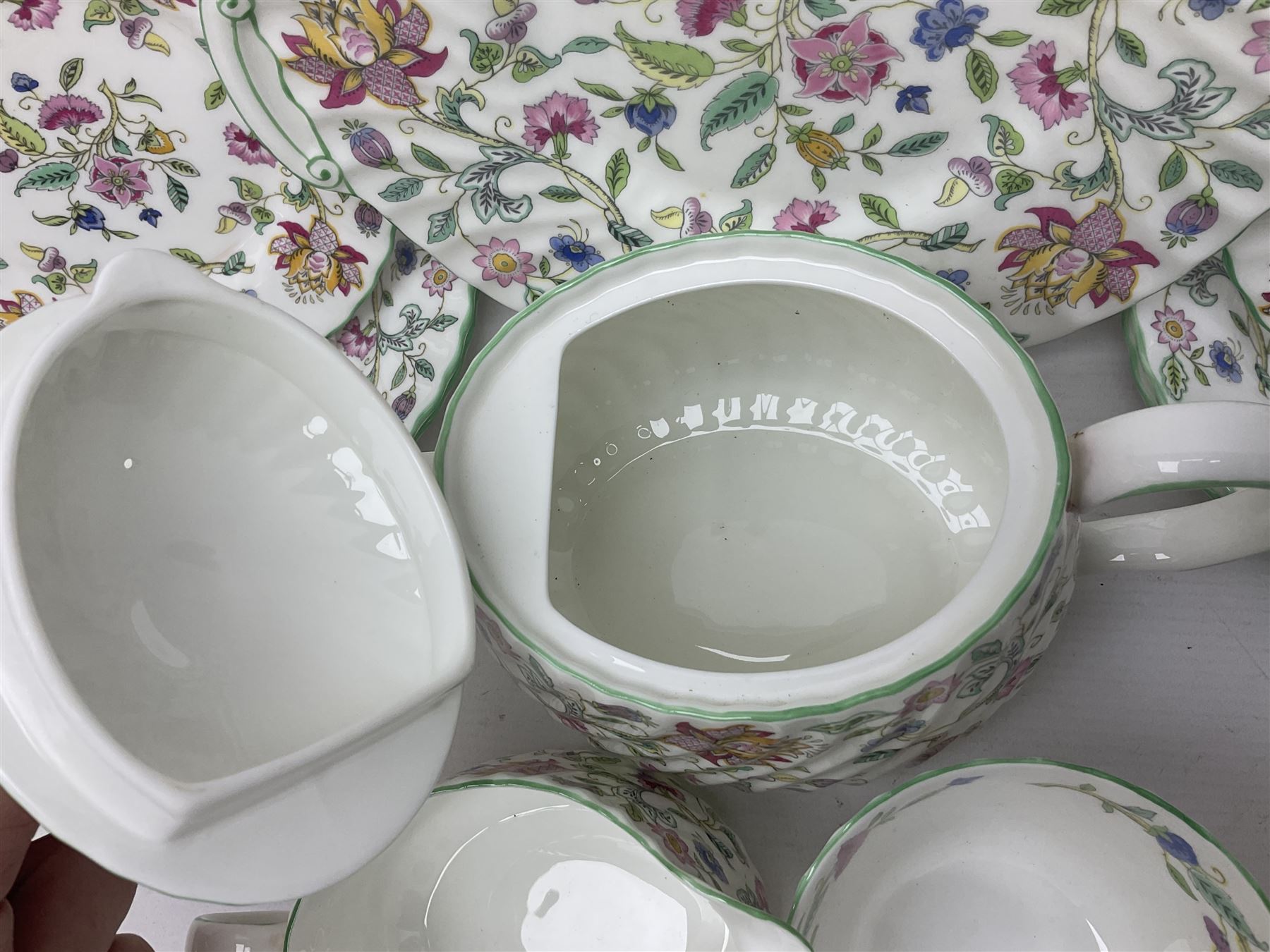 Haddon Hall tea service for six, comprising teapot, open sucrier, milk jug, cups and saucers, dessert plates, one cake plate and cruet set 