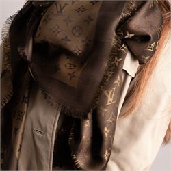 Louis Vuitton – a monogram silk and wool blend shawl in brown and gold, with fringe, 140cm x 140cm, unused with original box