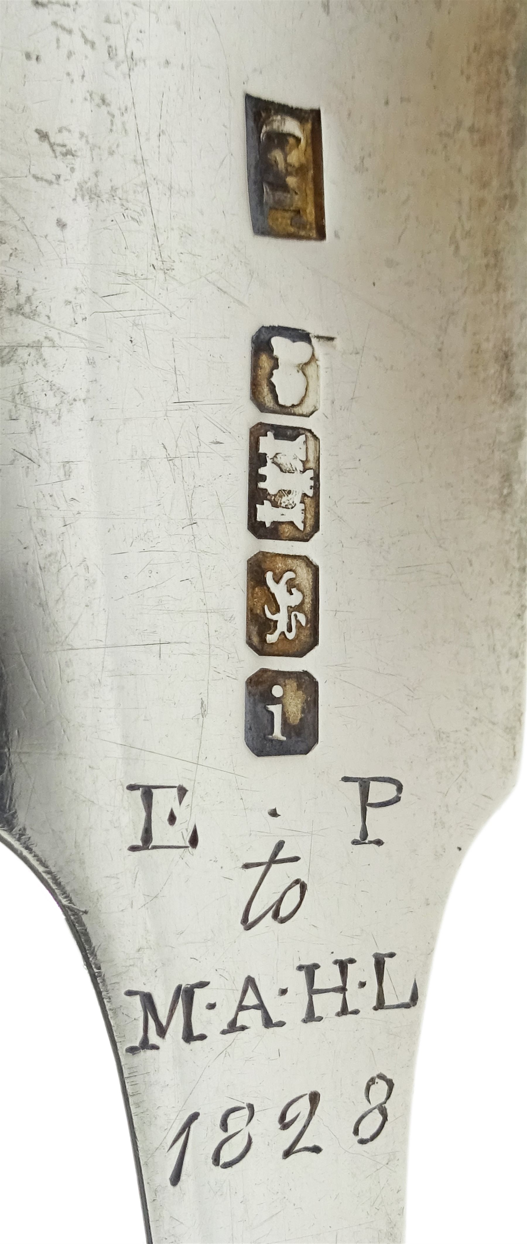 George IV silver fish server, Fiddle pattern by George Turner, Exeter 1825, silver caddy spoon by Sarah & John William Blake, London 1816 and two George III silver spoons by George Gray and Peter & Ann Bateman, approx 8.6oz