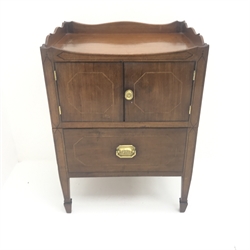 George III inlaid mahogany nightstand, raised shaped back, two cupboard doors above single drawer, square tapering supports on spade feet, W56cm, H78cm, D43cm