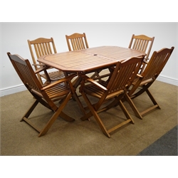  Rectangular hardwood folding garden table, canted corners (W151cm, H72cm, D85cm) and set six folding armchairs (W55cm)  